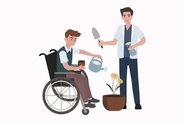 Illustration: ein Mensch im Rollstuhl gießt gemeinsam mit einer Betreuerin Pflanzen